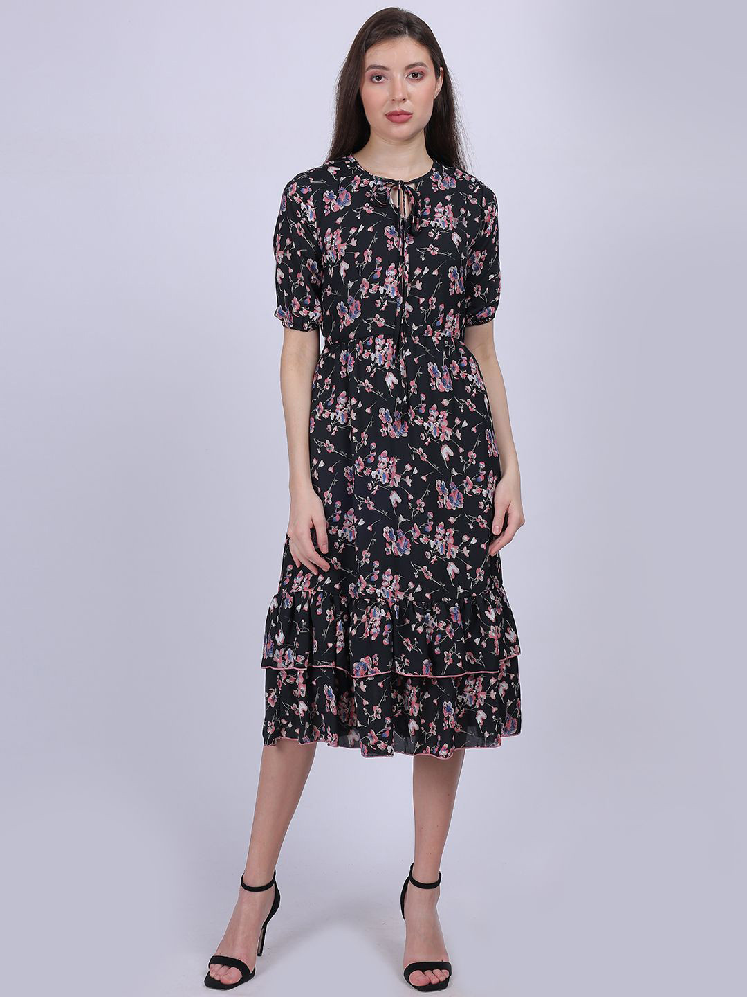 

Aumbe Women Floral Printed Blouson Midi Dress, Black