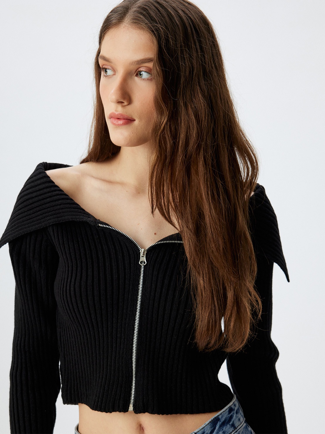 

Koton Women Front-Open Crop Sweaters, Black