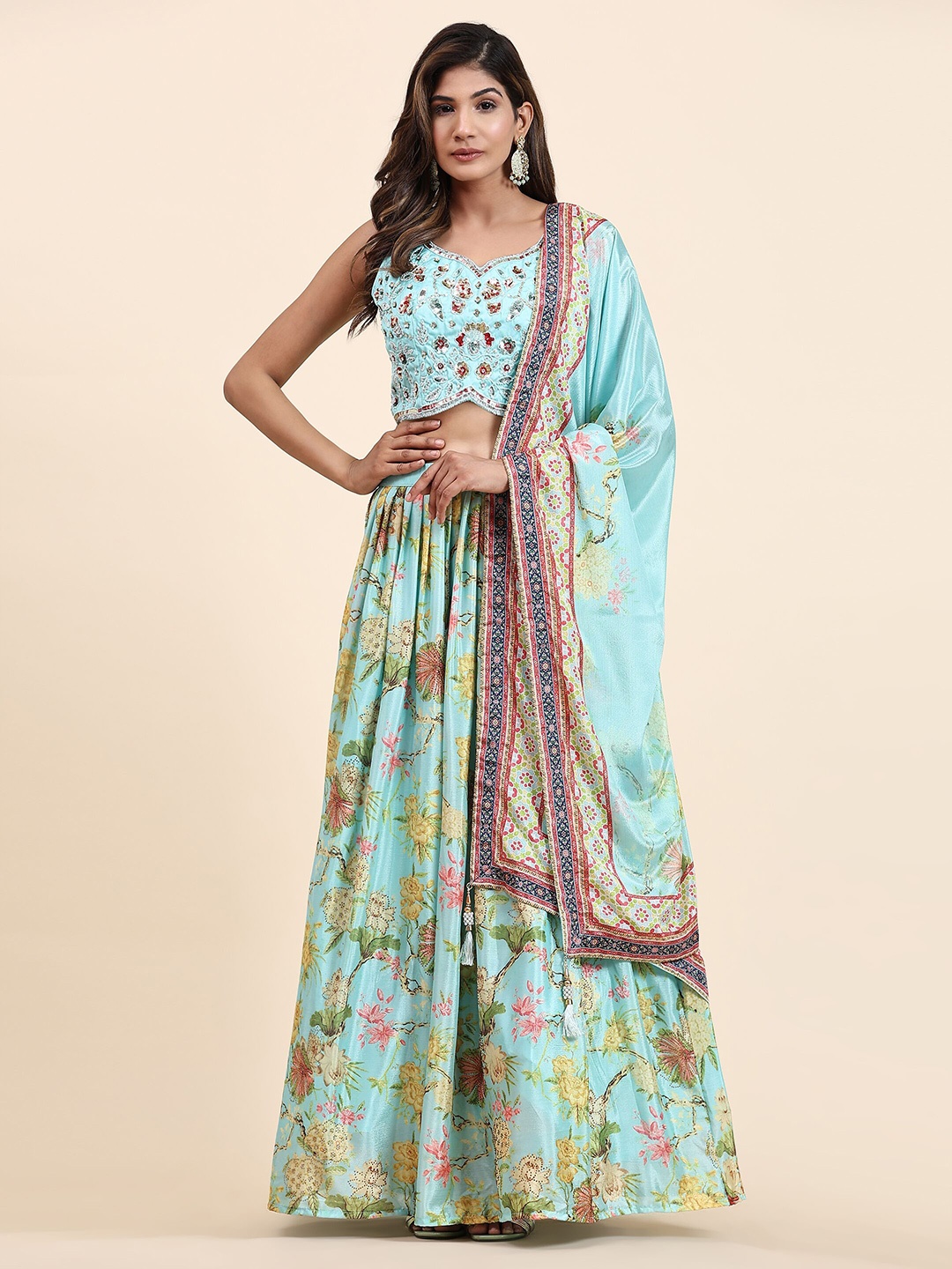 

VANAKARA Floral Embellished Sequinned Ready to Wear Lehenga & Blouse With Dupatta, Turquoise blue