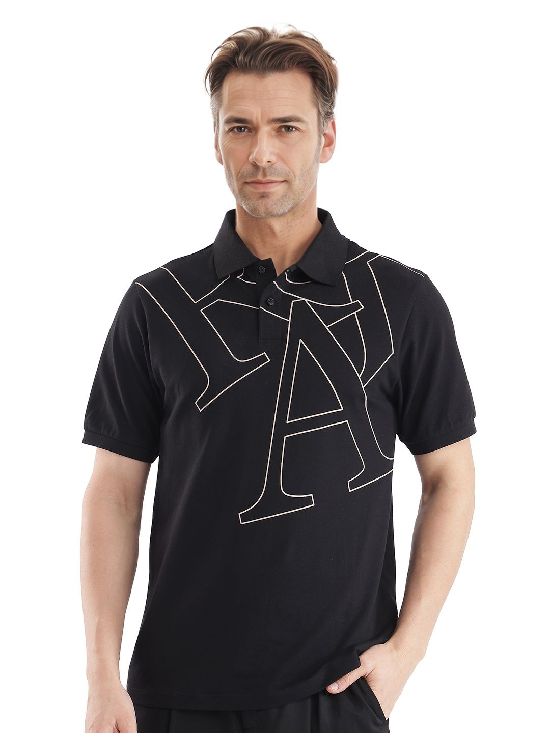 

RARE RABBIT Men Typography Printed Polo Collar Cotton T-shirt, Black