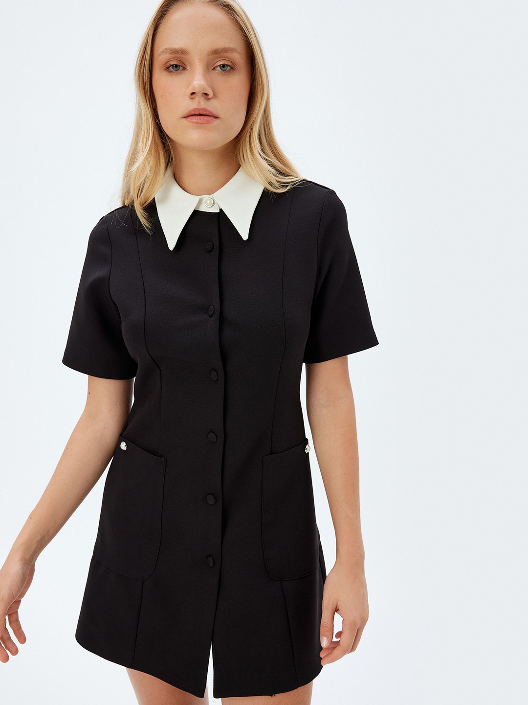 

Koton Women Shirt Collar A-Line Dress, Black