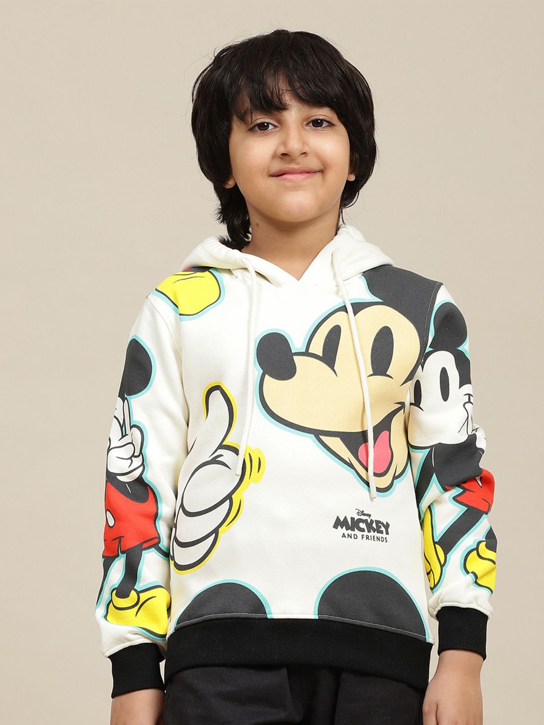 

Kids Ville Boys Mickey & Friends Printed Regular Fit Hooded Sweatshirts, Off white