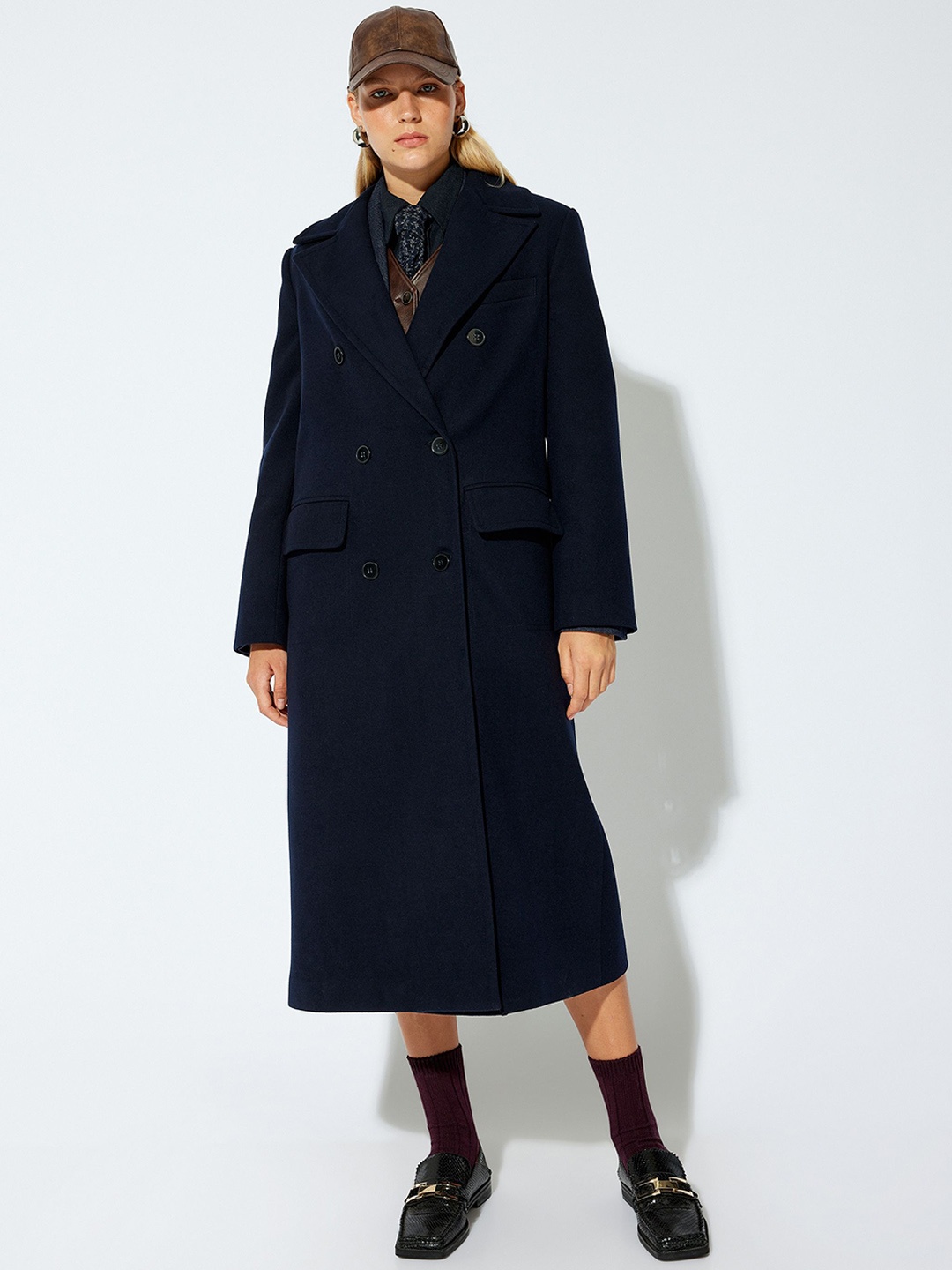 

Koton Women Double Breasted Notched Lapel Overcoat, Navy blue