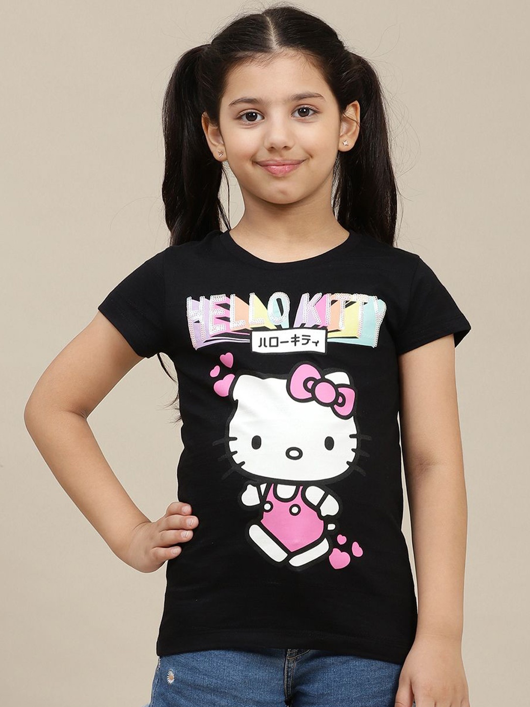 

Kids Ville Girls Graphic Printed Round Neck Cotton Hello Kitty T-shirt, Black