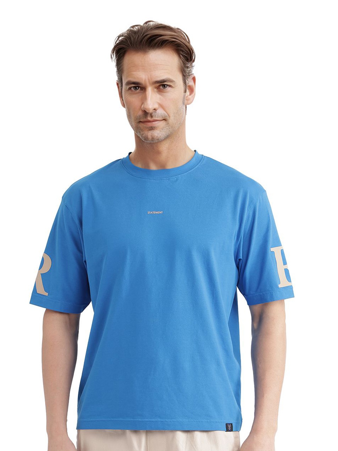 

RARE RABBIT Men Graphic Printed Round Neck Cotton T-shirt, Blue