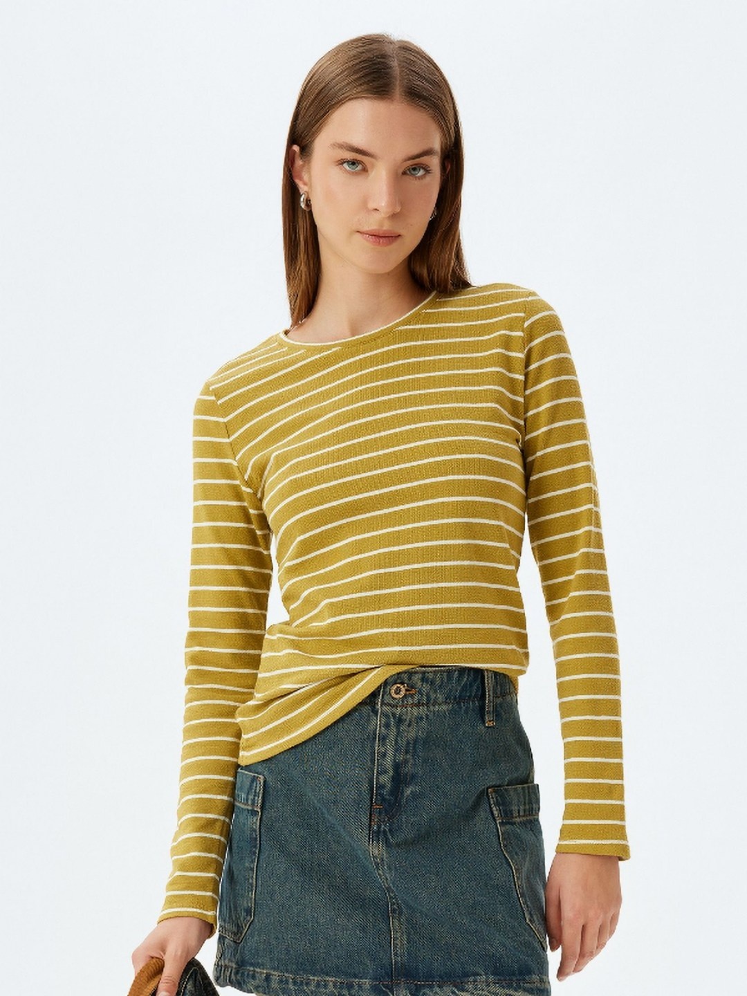 

Koton Women Striped Round Neck Cotton T-shirt, Mustard