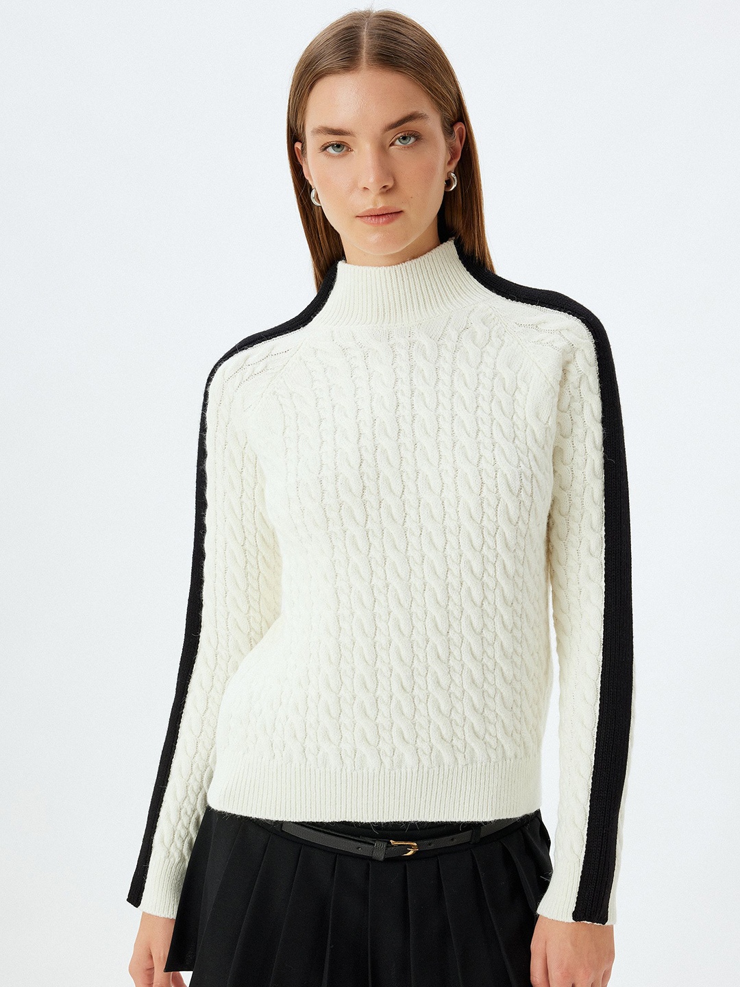 

Koton Women Colourblocked Cable Knit Pullover, Off white