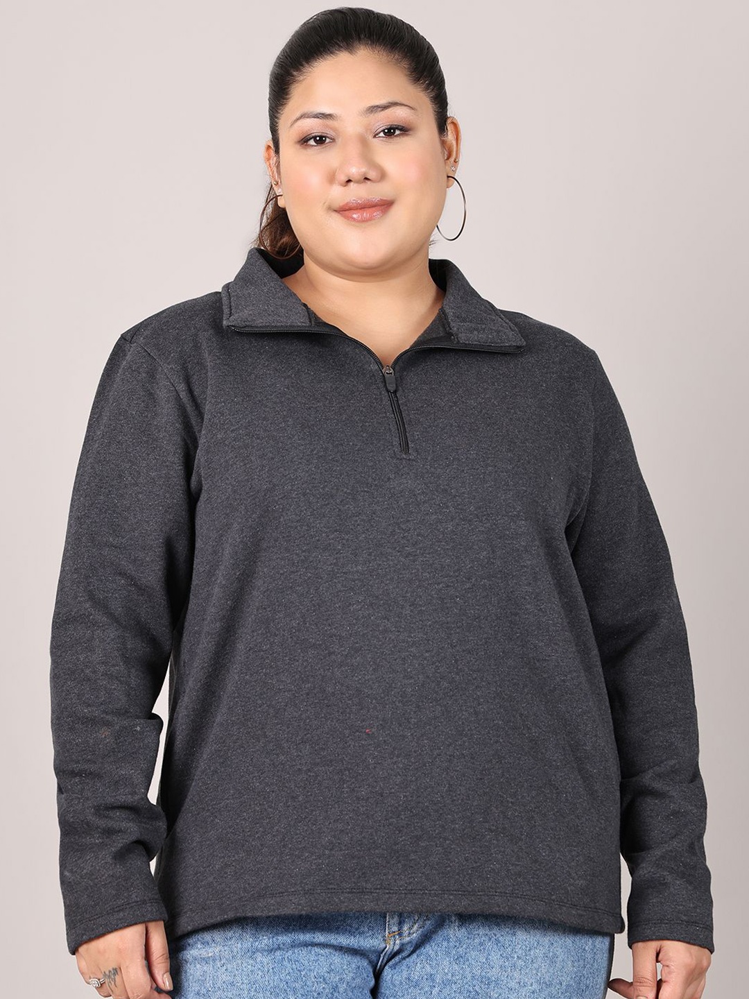 

Rute Women Pure Cotton Pullover Plus Size Half Zipper Sweatshirt, Grey