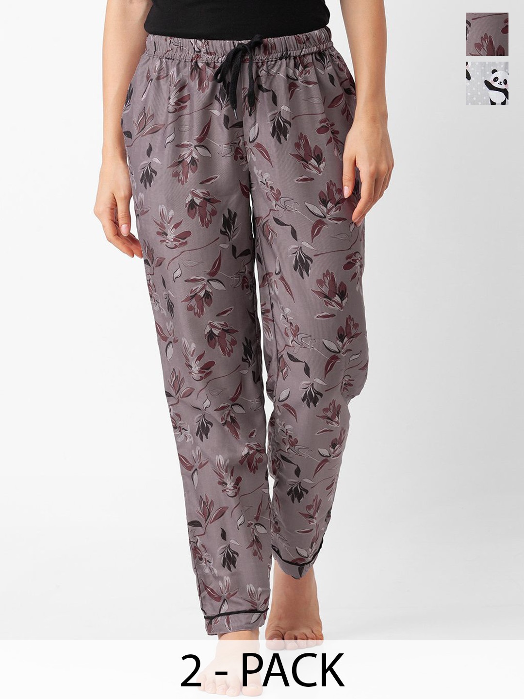 

FashionRack Women Pack Of 2 Mid-Rise Printed Lounge Pants, Grey