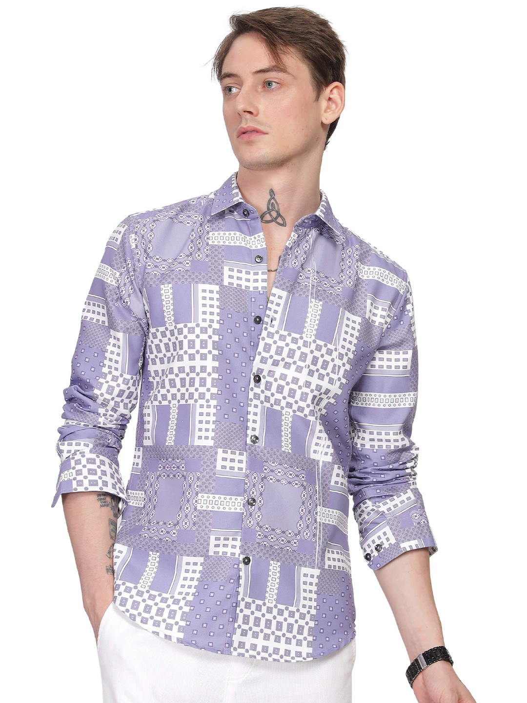 

ilyzly Men Standard Spread Collar Abstract Printed Cotton Tailored Fit Casual Shirt, Blue