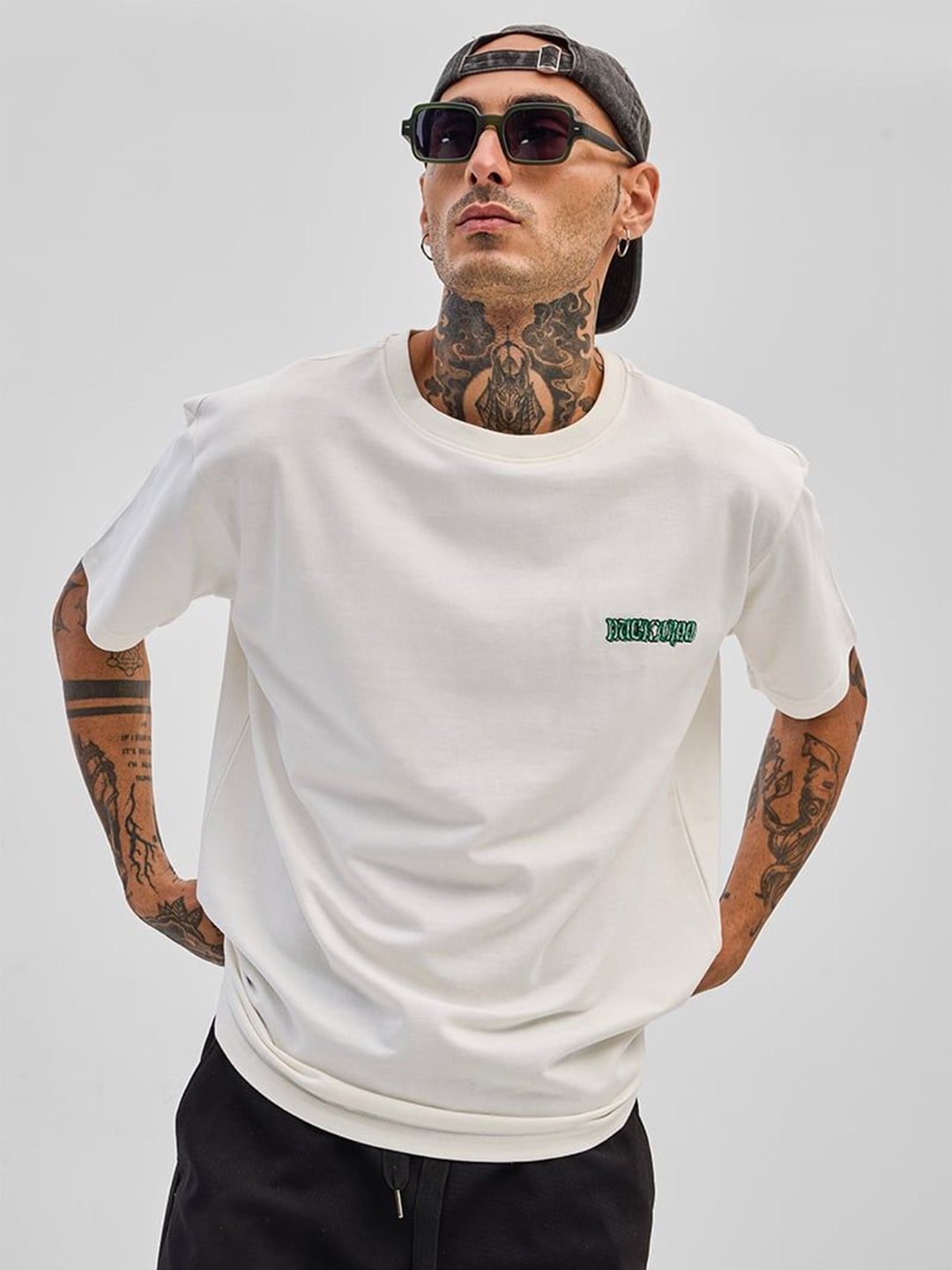 

Snitch Men Graphic Printed Round Neck Cotton Oversized T-shirt, Cream