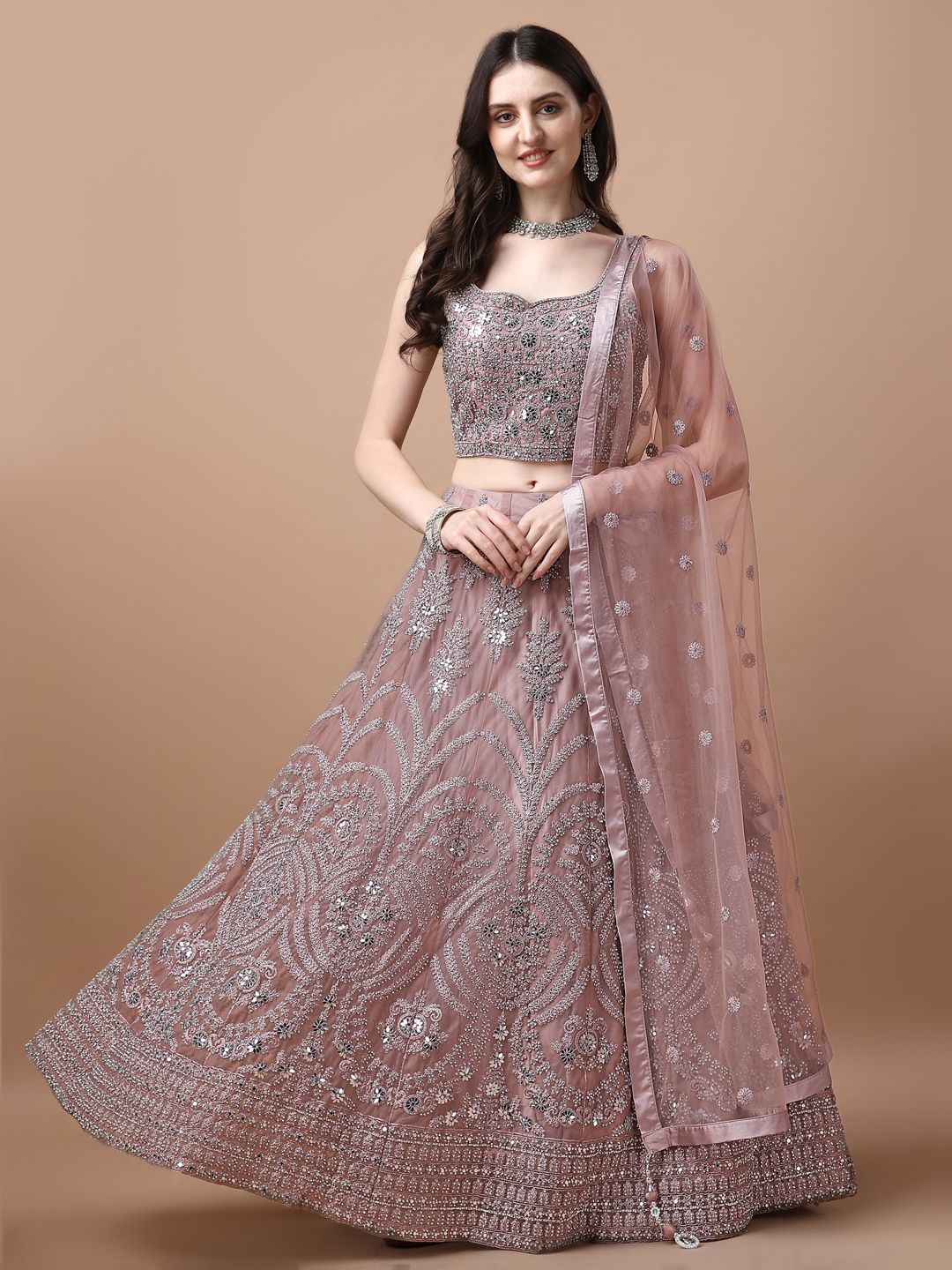 

VANAKARA Embellished Mirror Work Ready to Wear Lehenga & Blouse With Dupatta, Rose