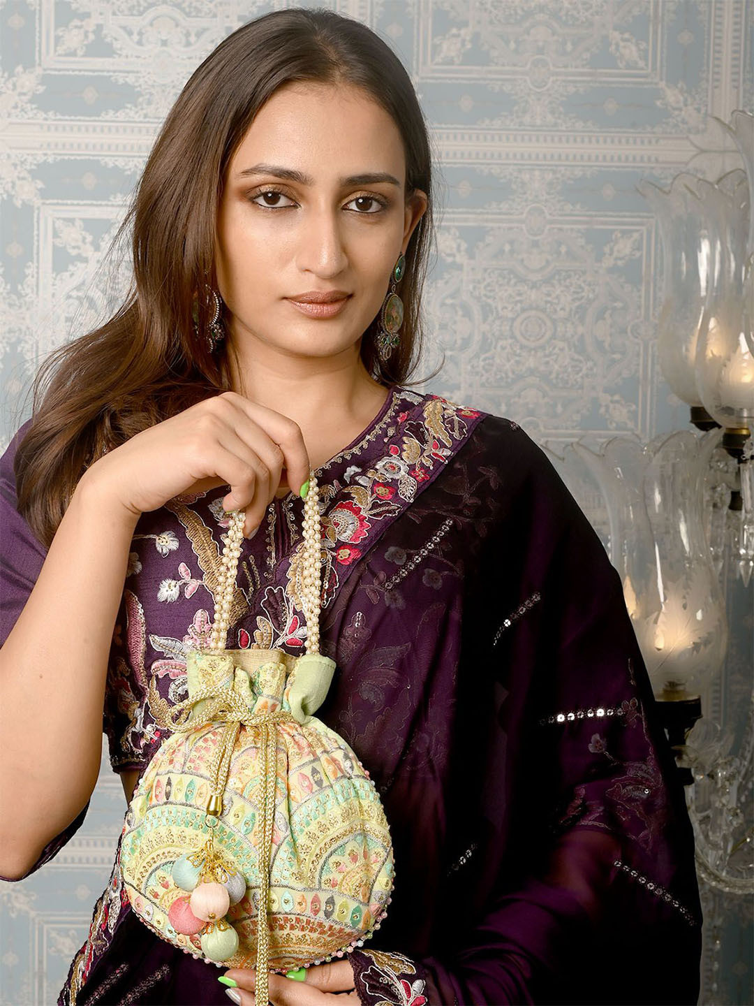 

ODETTE Embroidered Potli Clutch, Sea green