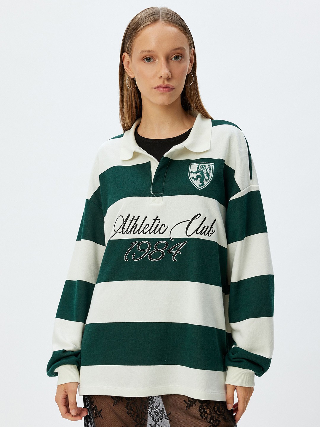 

Koton Women Striped Shirt Collar Sweatshirt, Green