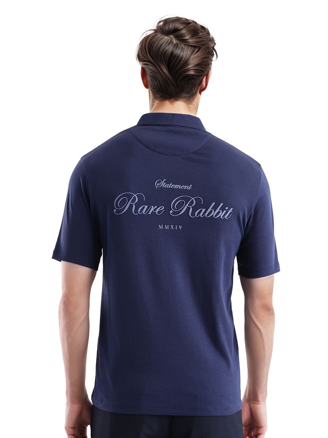 

RARE RABBIT Men Typography Printed Polo Collar Cotton Oversized T-shirt, Navy blue