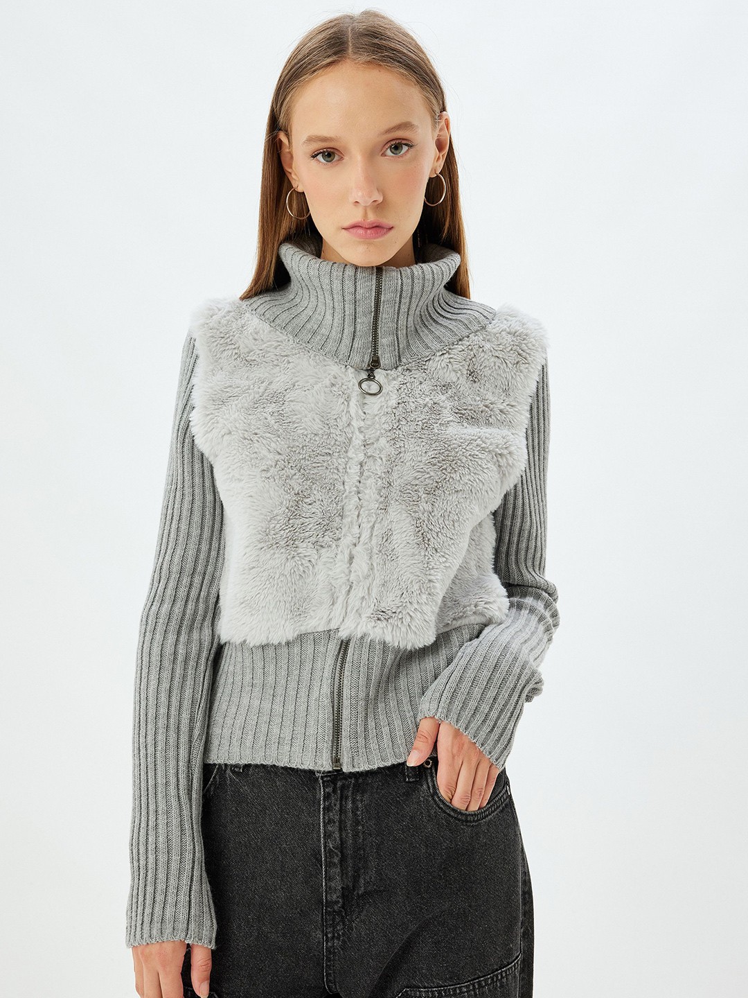 

Koton Women Boucle Turtle Neck Front-Open Sweater, Grey