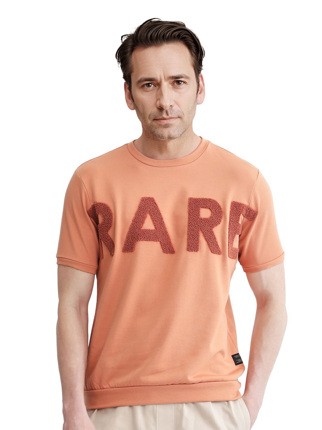 

RARE RABBIT Men Typography Printed Round Neck Cotton Oversized T-shirt, Orange