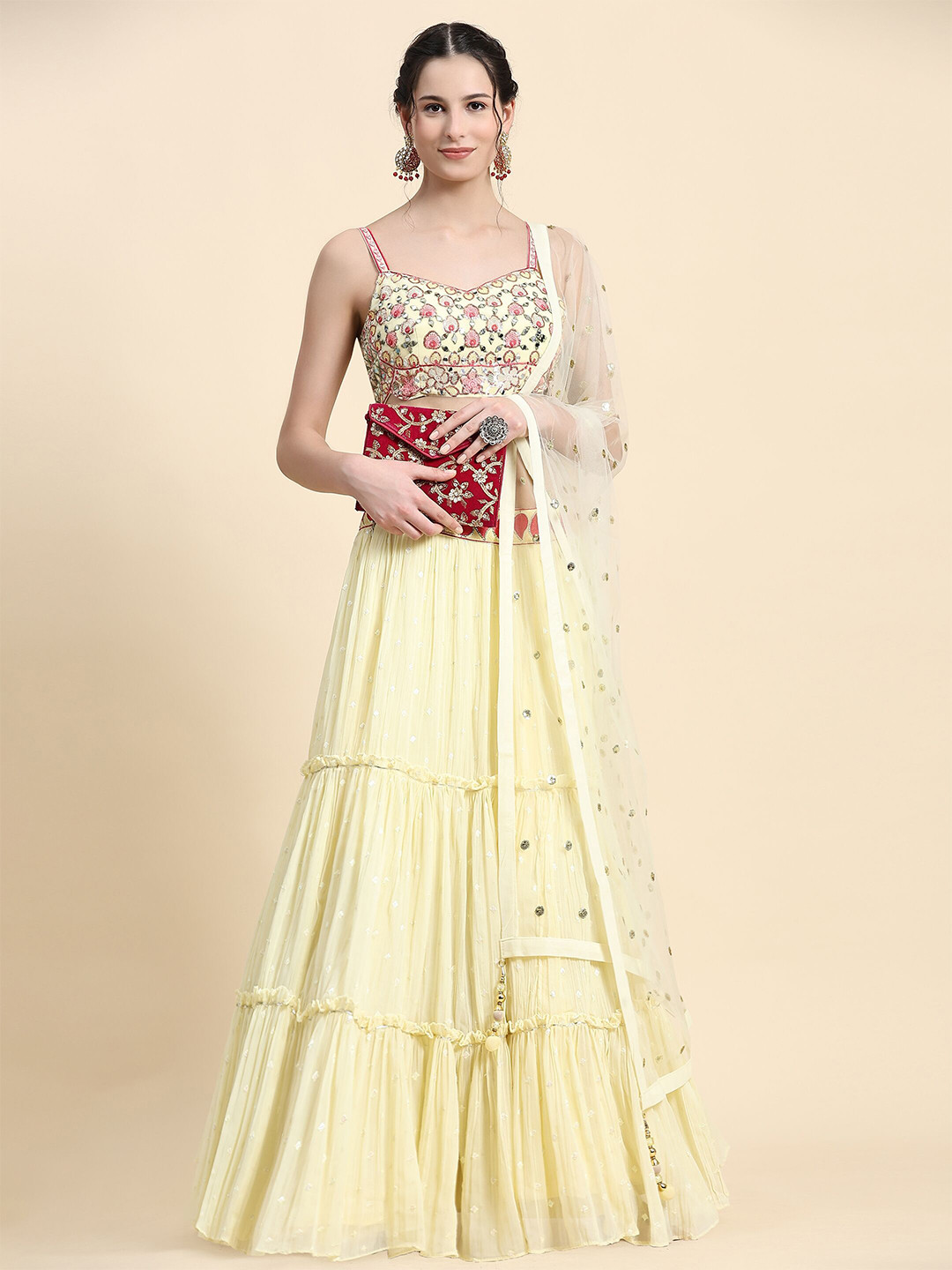 

VANAKARA Embroidered Mirror Work Ready to Wear Lehenga & Blouse With Dupatta, Yellow