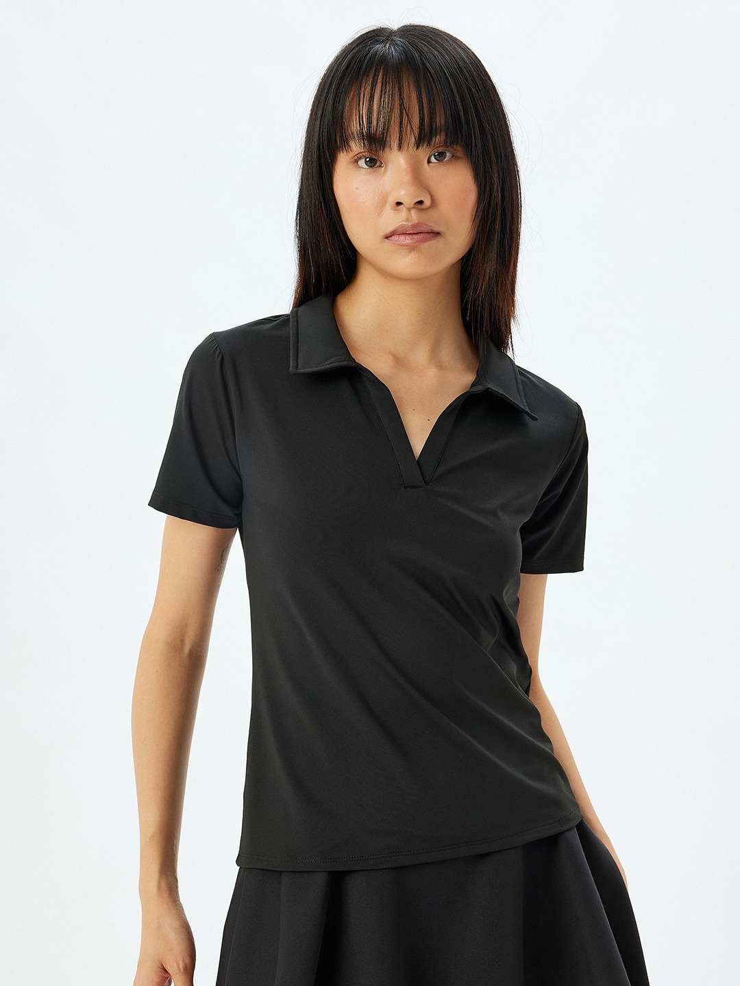

Koton Women Solid Polo Collar T-shirt, Black