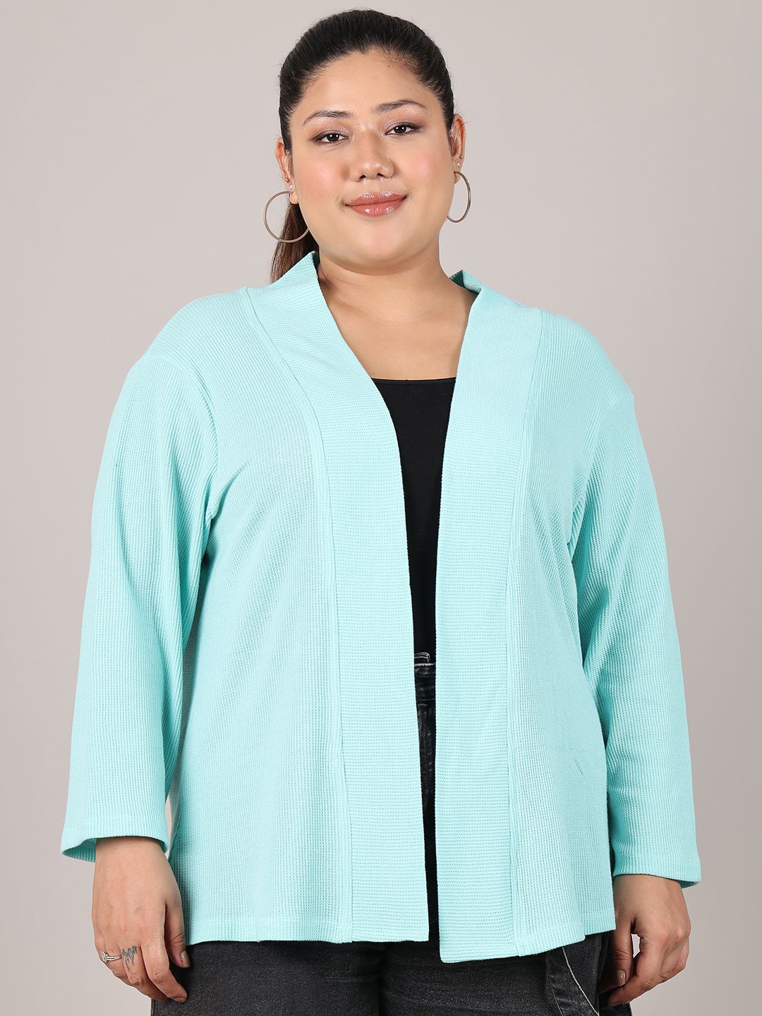 

Rute Plus Size Shawl Collar Pure Cotton Open Front Shrug, Blue