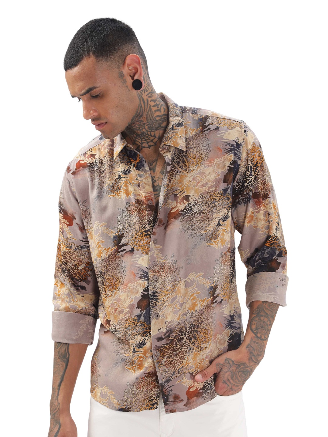 

ilyzly Men Standard Spread Collar Abstract Printed Tailored Fit Casual Shirt, Mauve