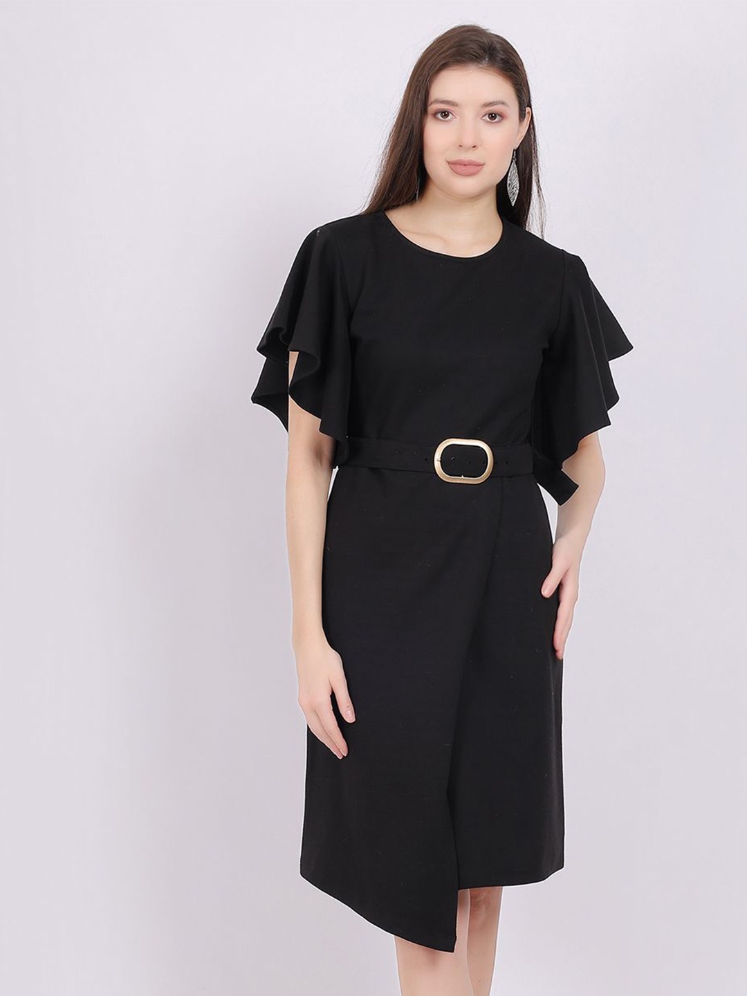 

Aumbe Women Flutter Sleeve Round Neck Wrap Dress, Black