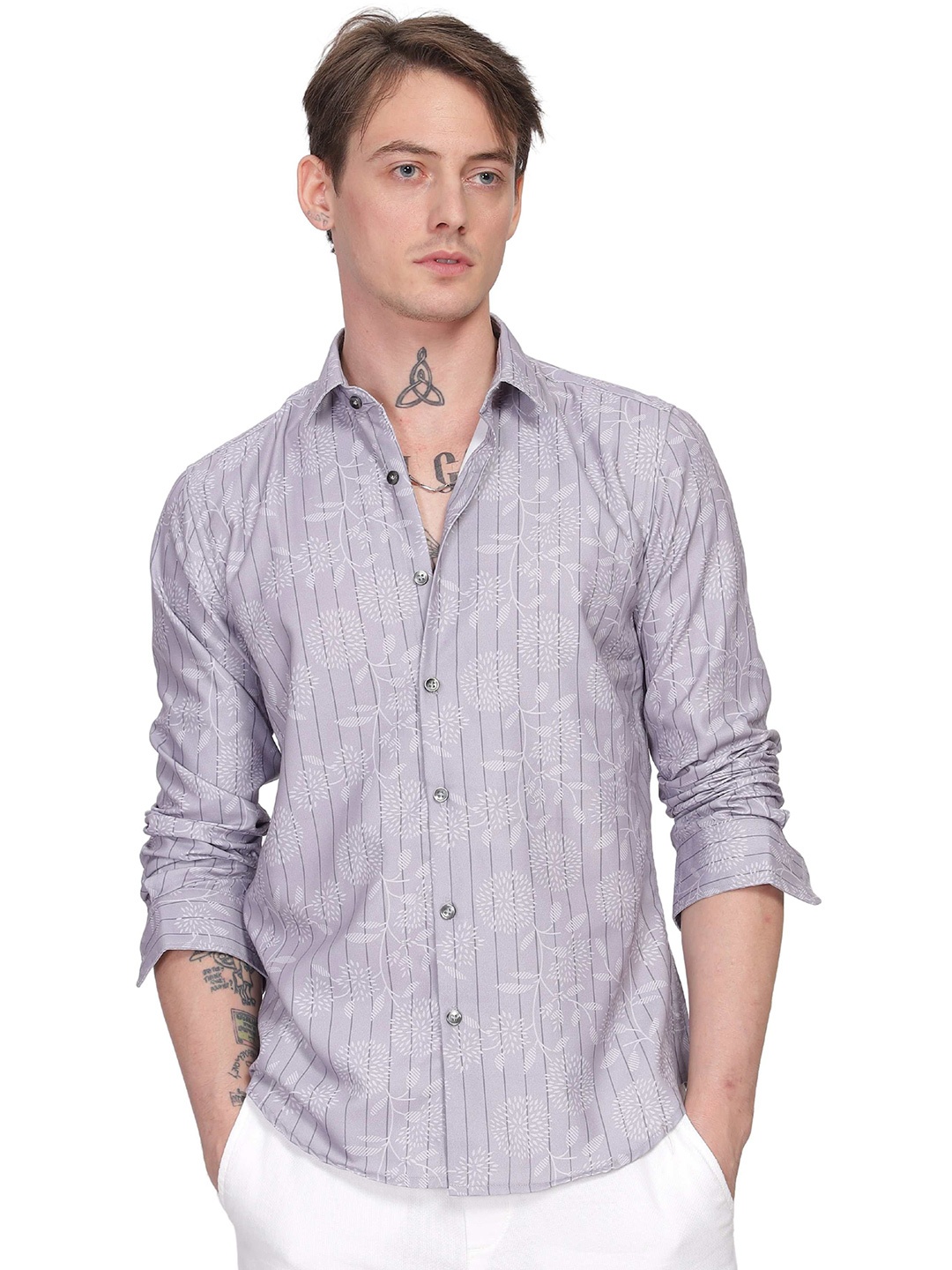 

ilyzly Men Standard Spread Collar Abstract Printed Cotton Tailored Fit Casual Shirt, Grey