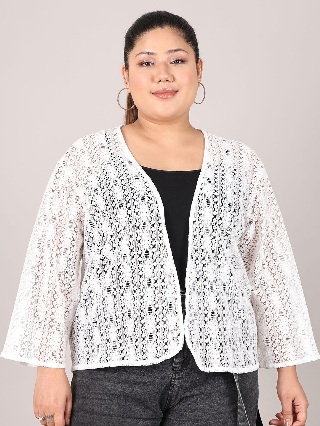 

Rute Plus Size Self Design Pure Cotton Open Front Shrug, White