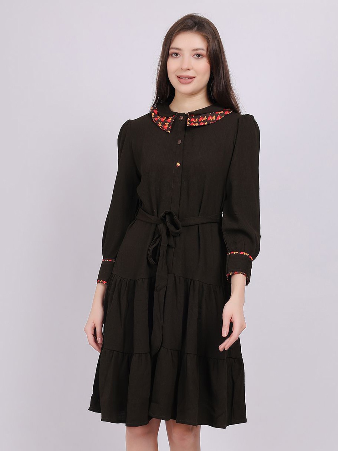 

Aumbe Women Peter Pan Collar Shirt Knee Length Dress, Black