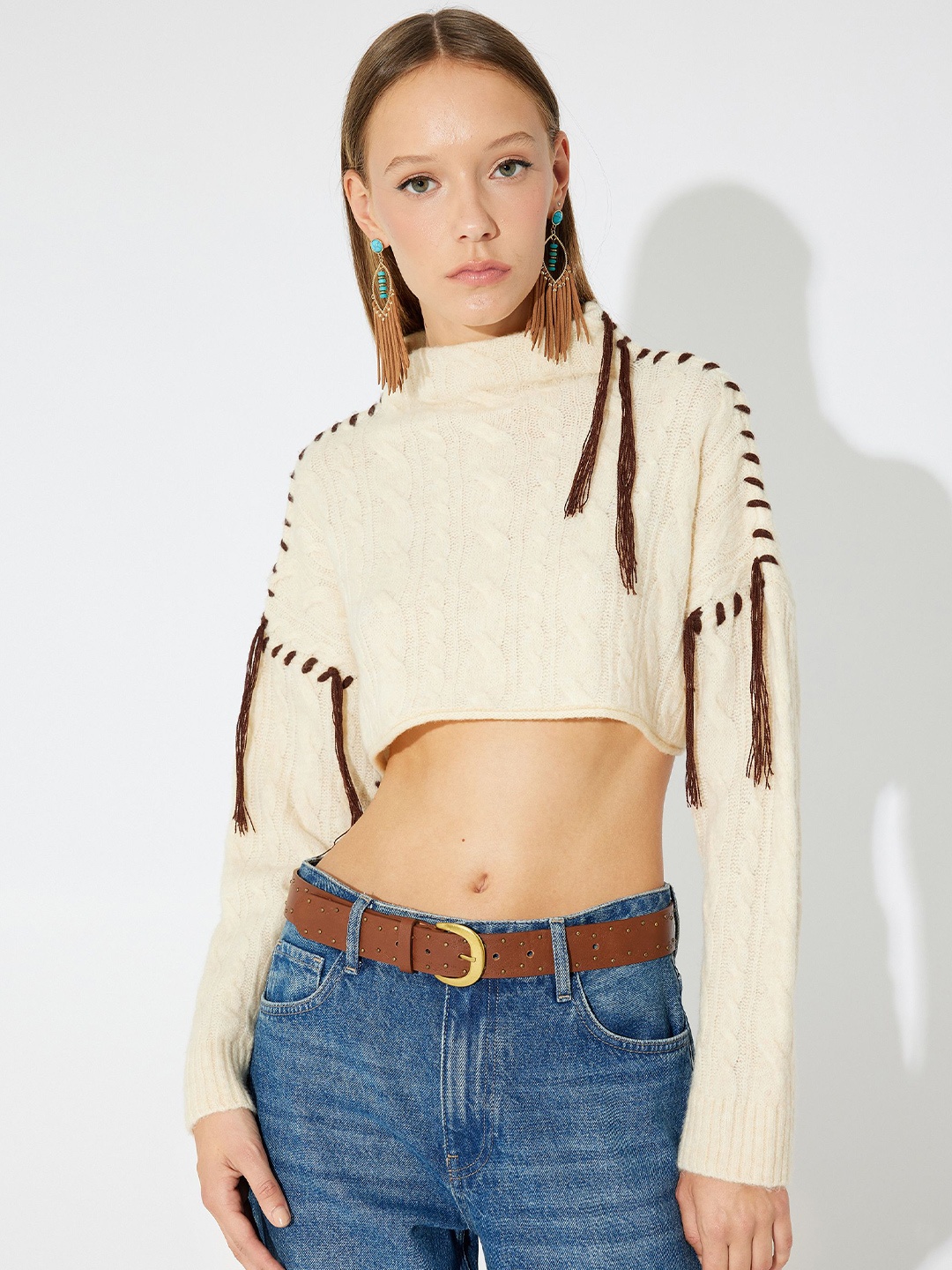 

Koton Women Cable Knit Striped Crop Pullover Sweaters, Beige