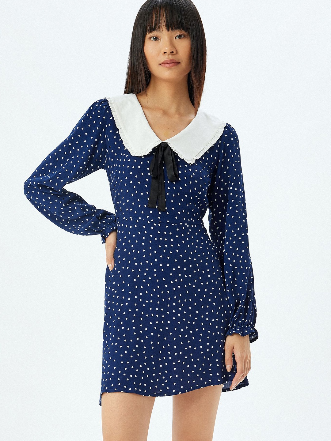 

Koton Women Polka Dots Printed Peter Pan Collar Fit & Flare Dress, Navy blue