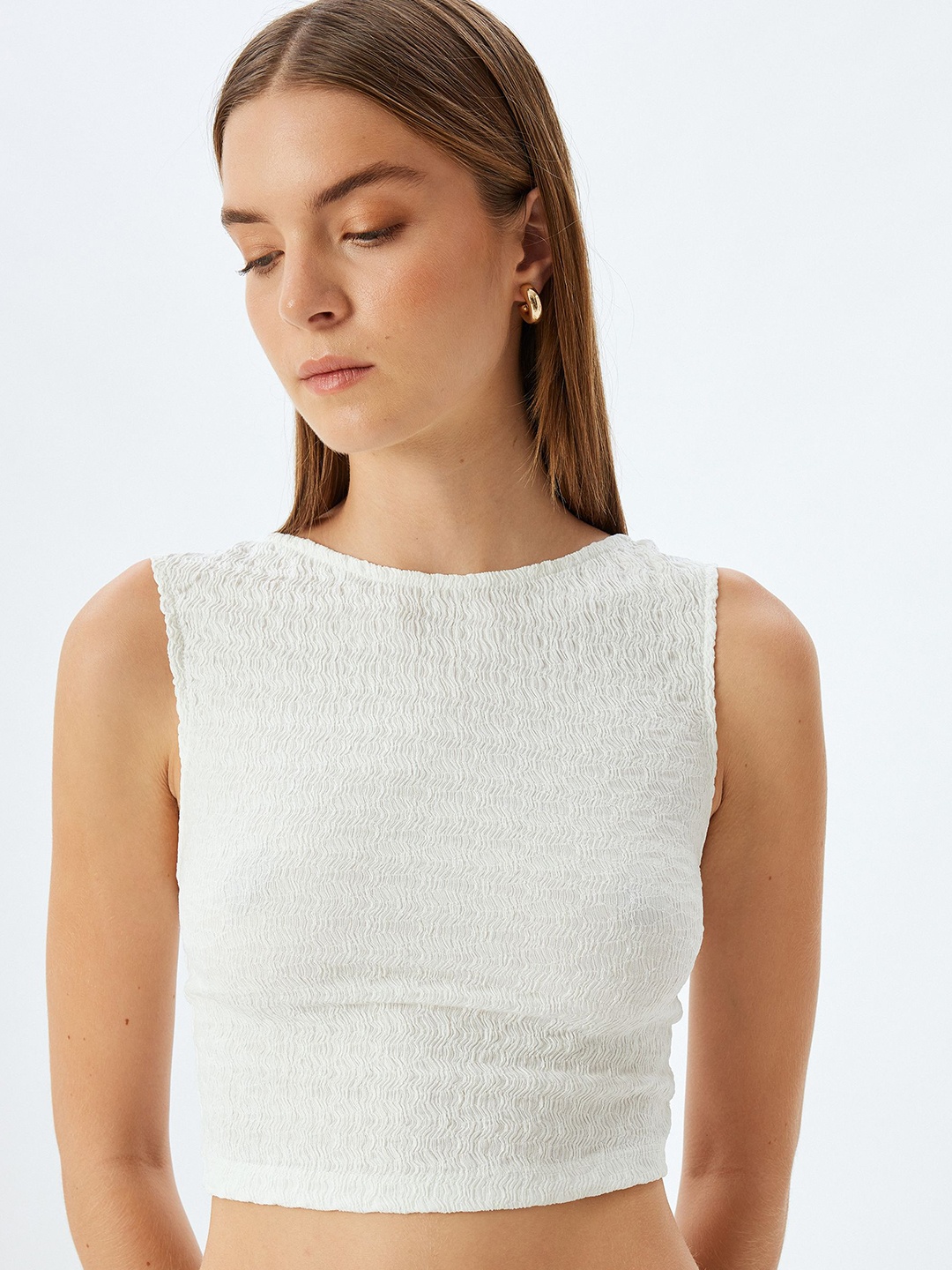 

Koton Women Sleeveless Round Neck Crop Top, Off white