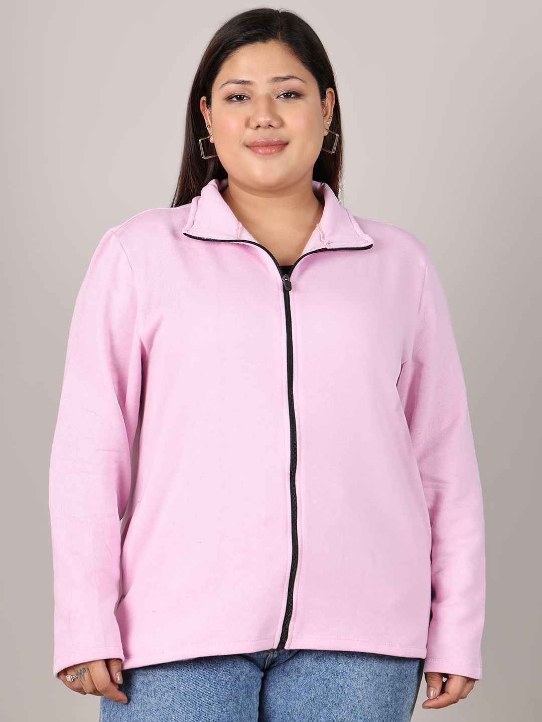 

Rute Women Mock Collar Solid Cotton Plus Size Casual Bomber Jacket, Pink