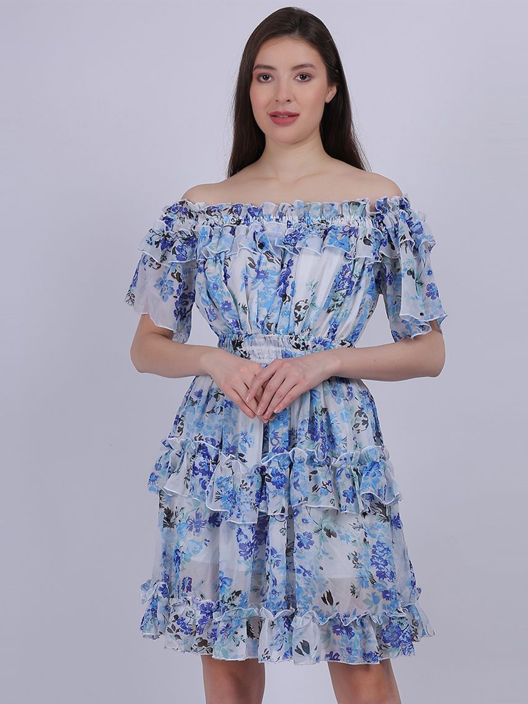 

Aumbe Women Floral Print Off-Shoulder Flutter Sleeve Fit & Flare Dress, Blue