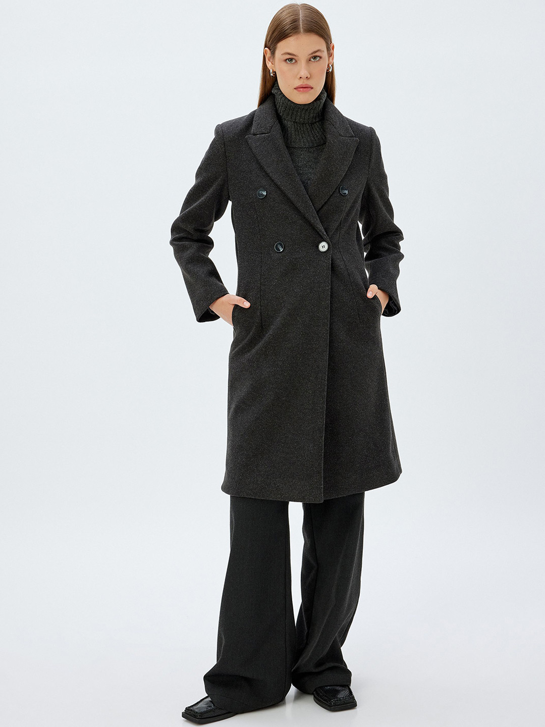 

Koton Women Notched Lapel Double-Breasted Overcoat, Charcoal
