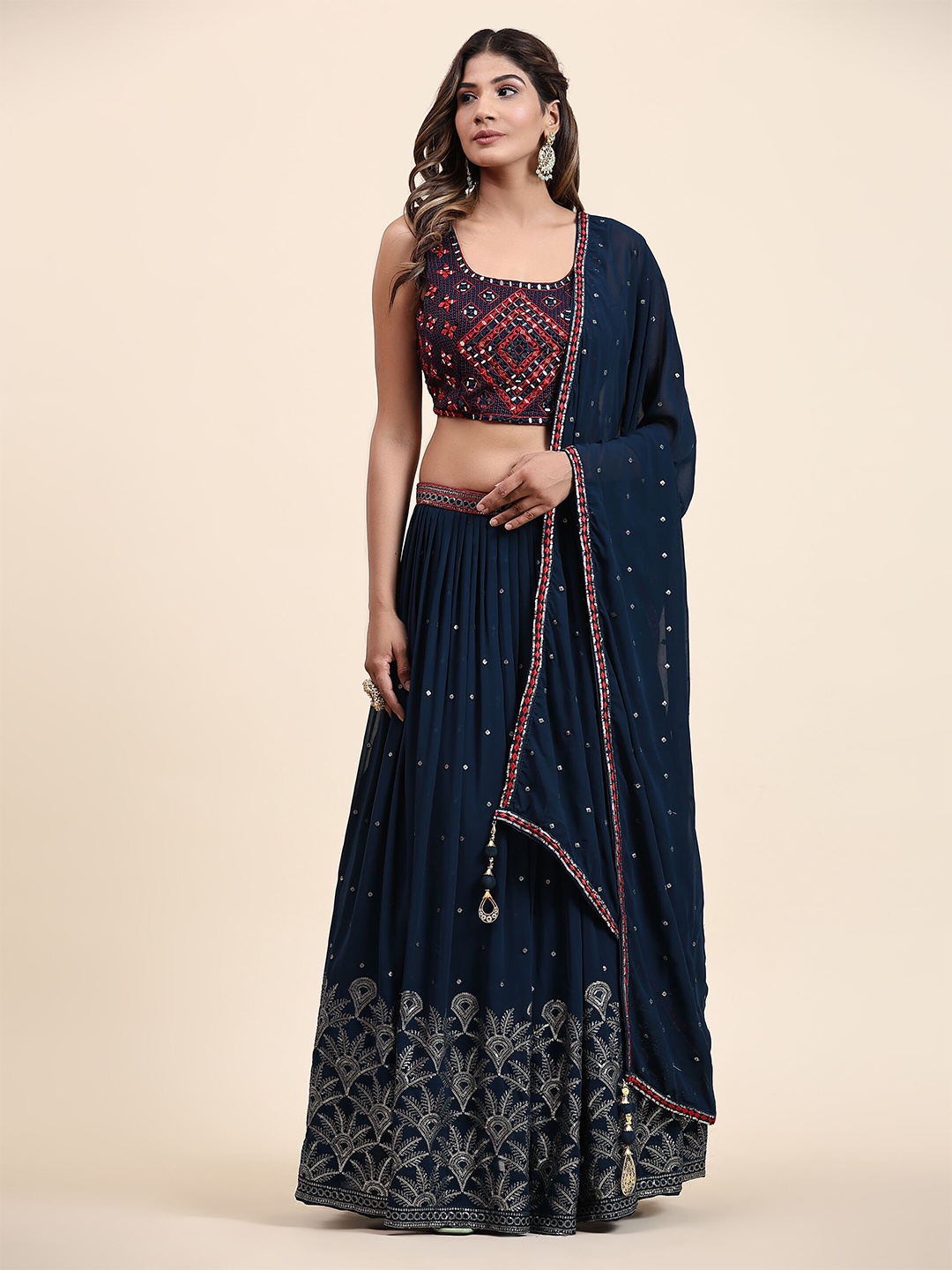 

VANAKARA Embroidered Mirror Work Ready to Wear Lehenga & Blouse With Dupatta, Navy blue