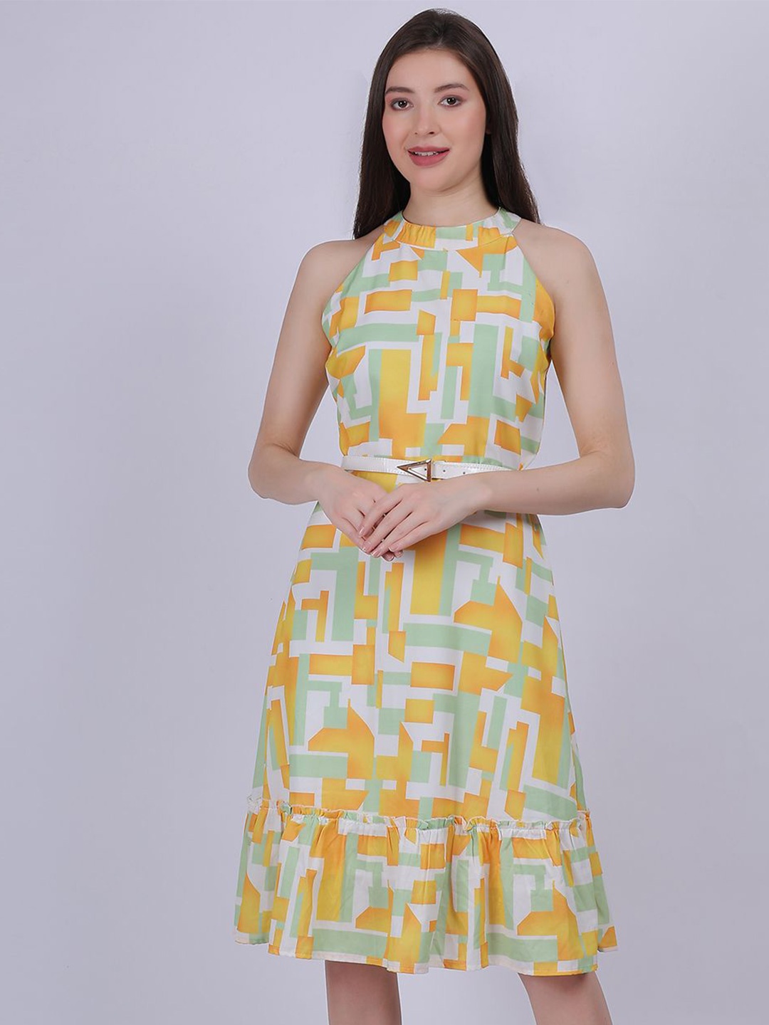 

Aumbe Women Abstract Printed Fit & Flare Dress Comes with a belt, Green