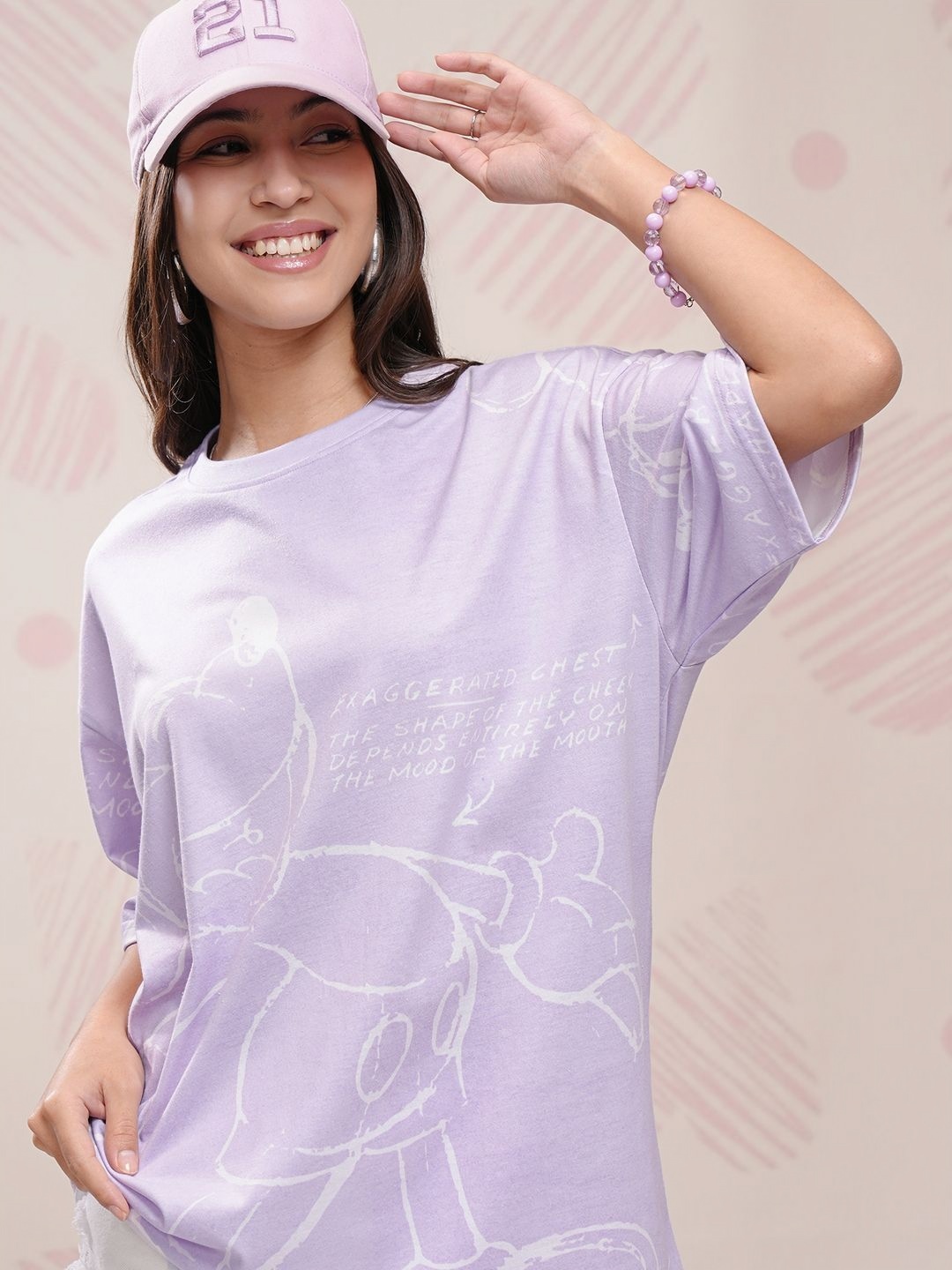 

Tokyo Talkies Women Graphic Printed Round Neck Oversized Mickey Mouse T-shirt, Lavender