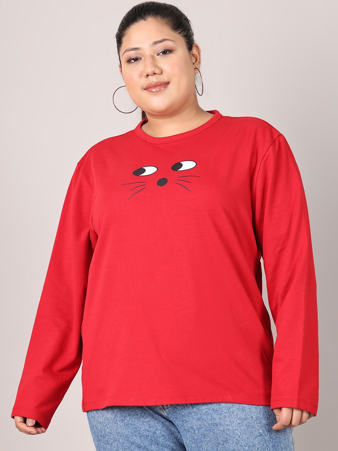 

Rute Women Plus Size Pure Cotton Printed Pullover Sweatshirt, Red