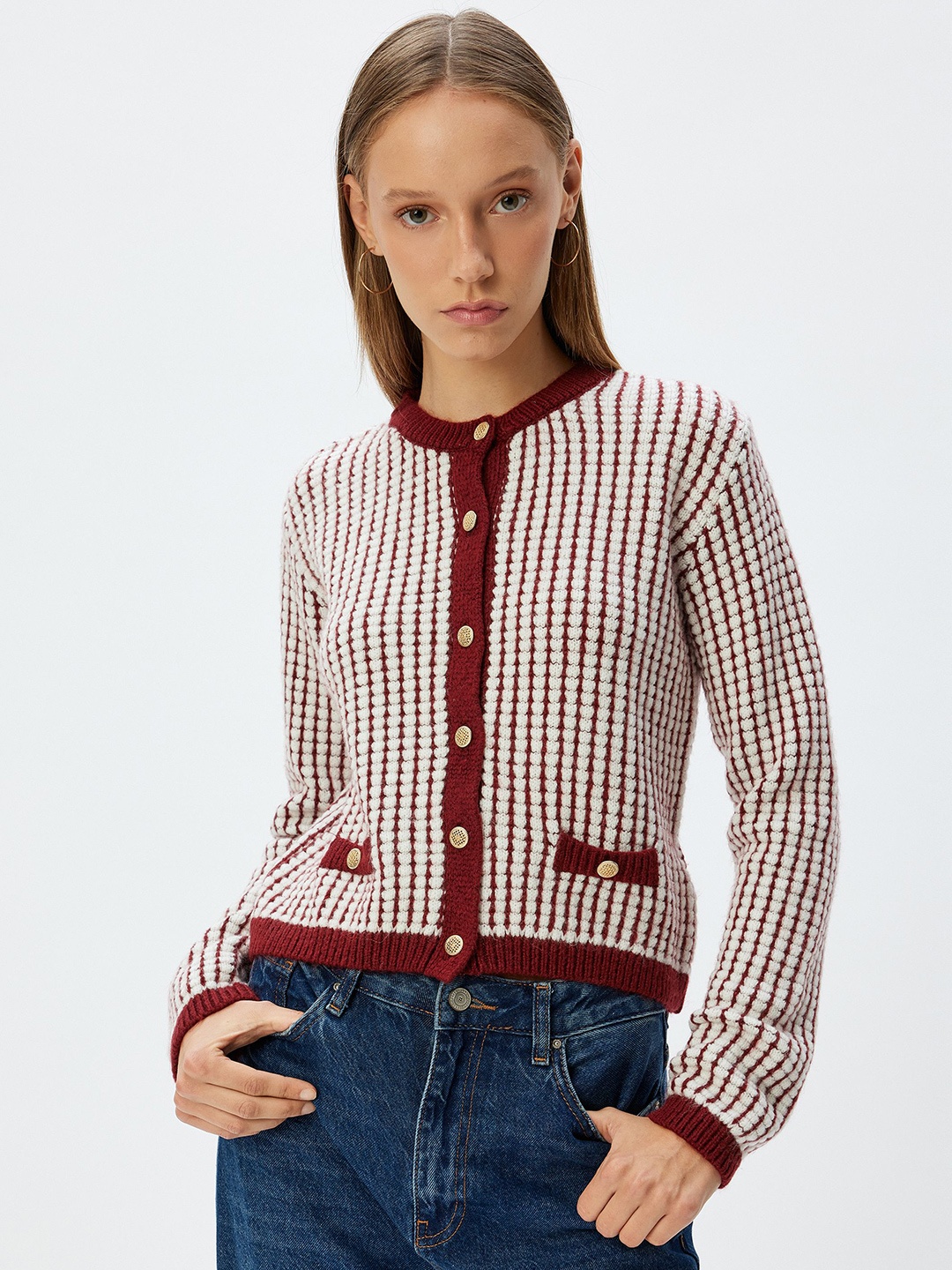 

Koton Women Striped Casual Winter Wear Sweaters, Maroon