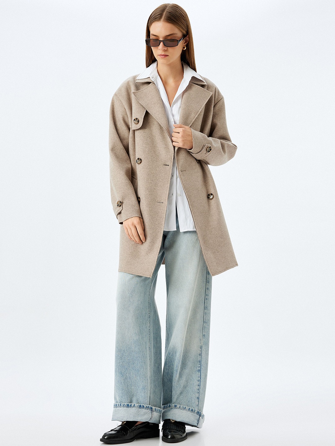 

Koton Women Notched Lapel Long Sleeves Overcoat, Beige