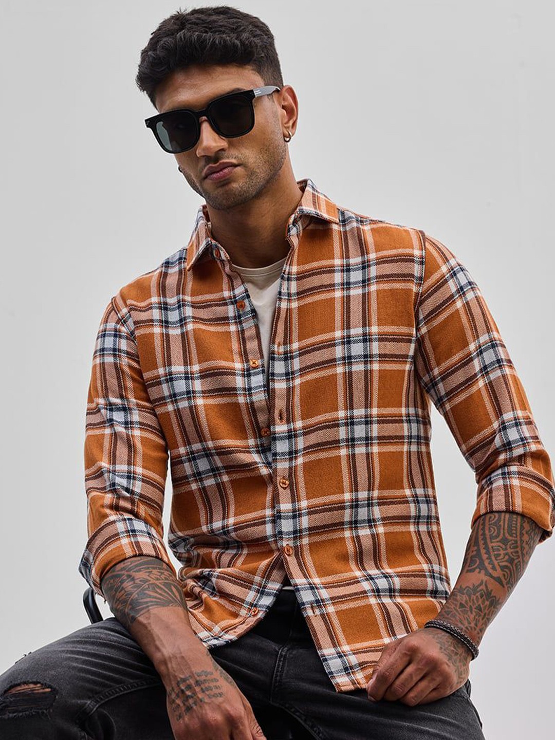 

Snitch Men Smart Spread Collar Tartan Checked Cotton Casual Shirt, Orange