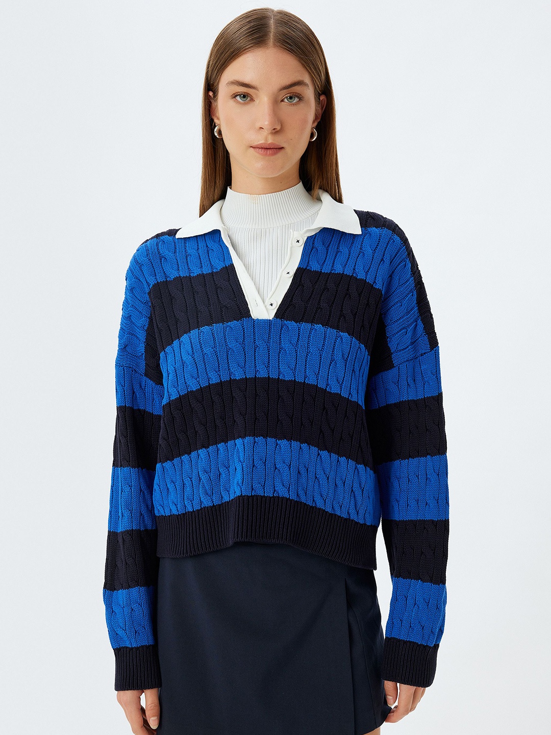 

Koton Women Striped Lapel Collar Pullover Sweater, Navy blue