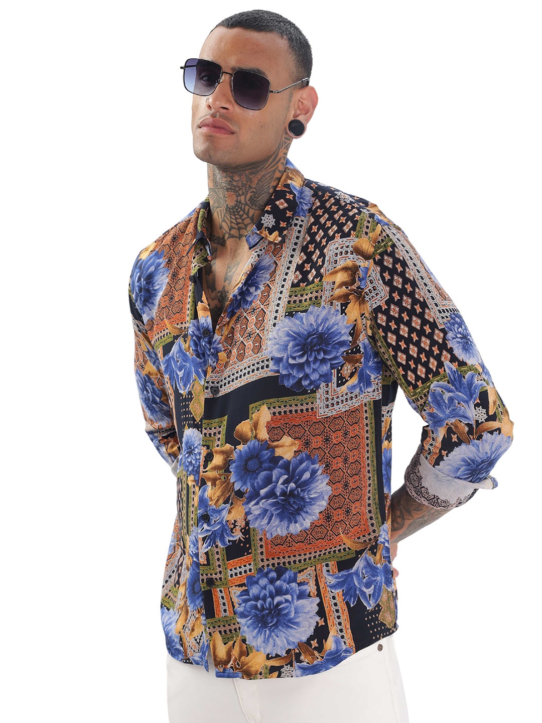 

ilyzly Men Standard Spread Collar Abstract Printed Cotton Tailored Fit Casual Shirt, Blue