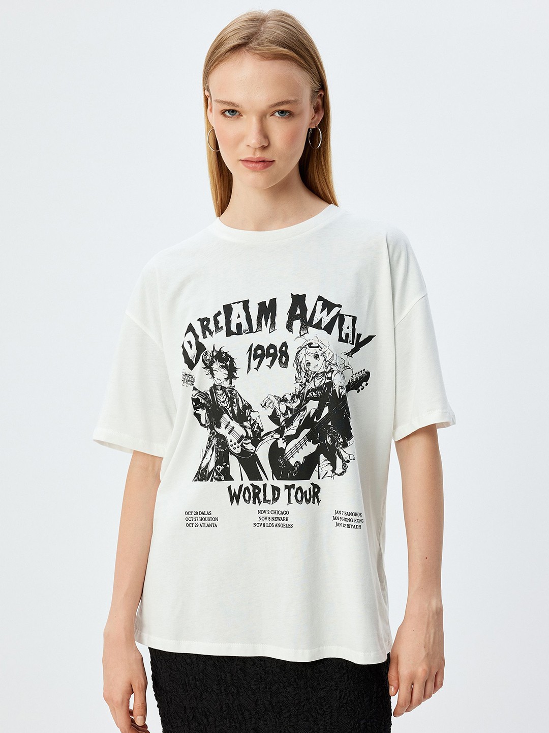 

Koton Women Graphic Printed Round Neck Cotton Relaxed Fit T-shirt, White