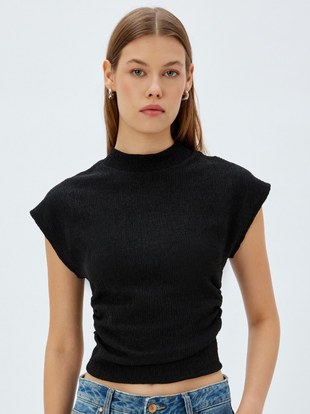 

Koton Women High Neck Extended Sleeves Pockets Slim Fit T-shirt, Black