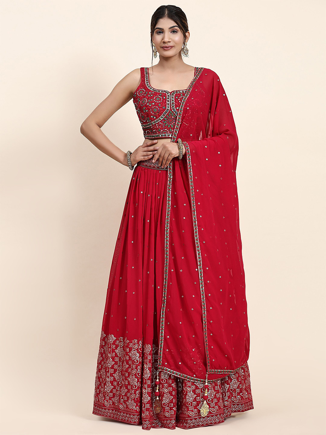 

VANAKARA Embellished Ready to Wear Lehenga & Blouse With Dupatta, Red