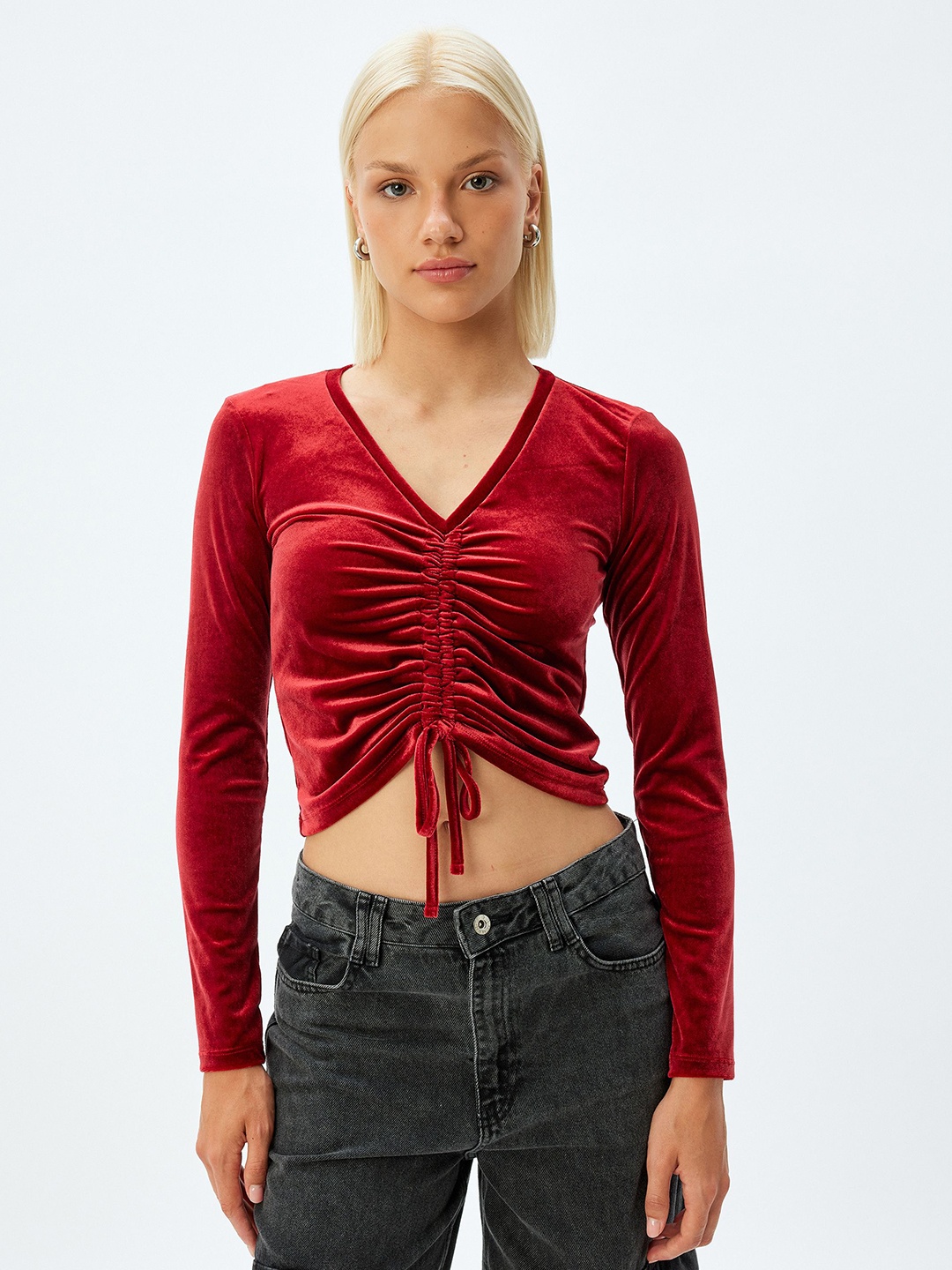 

Koton Women Striped V-Neck Pockets Slim Fit T-shirt, Maroon