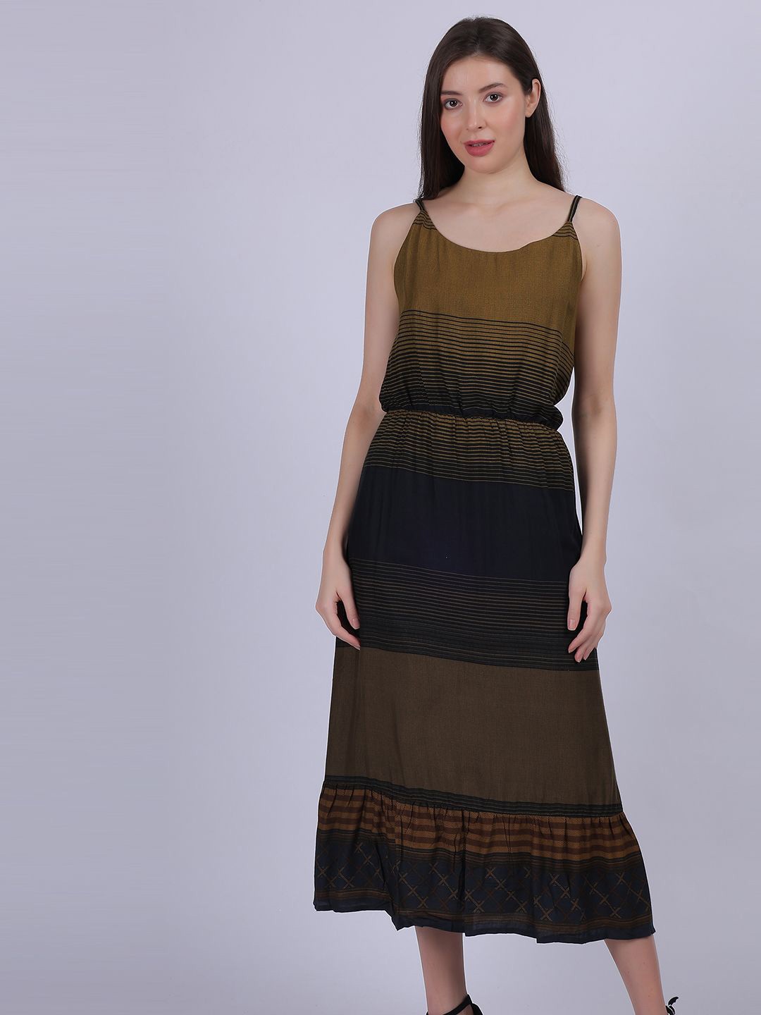 

Aumbe Women Striped A-Line Midi Dress, Brown