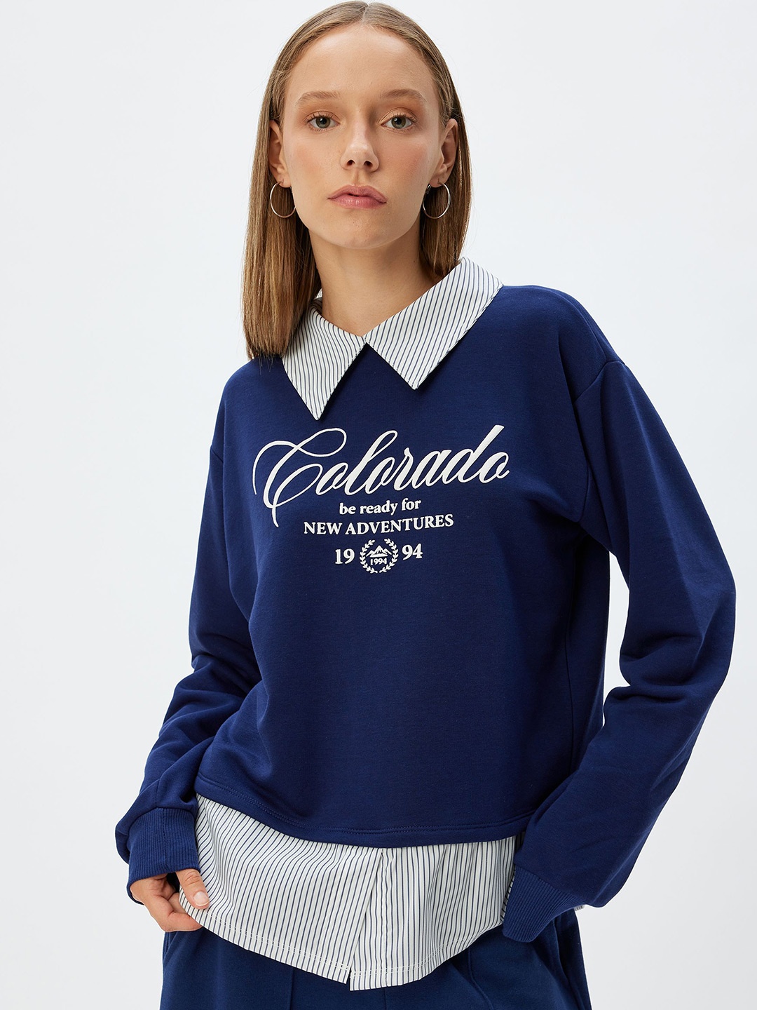 

Koton Women Shirt Collar Printed Sweatshirt, Navy blue